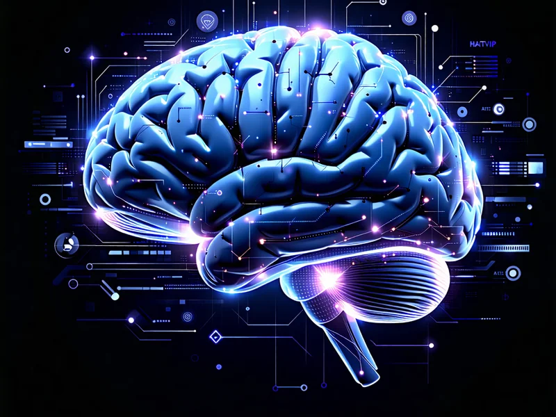 Hình ảnh minh họa AI và Machine Learning trong trò chơi, với các thuật toán phức tạp và dữ liệu người chơi, có logo NHATVIP