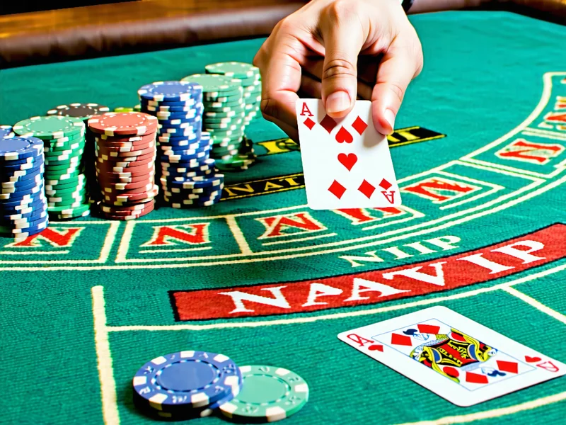 Hình ảnh bàn chơi Blackjack tại NHATVIP, NhatVip với người chia bài và các quân bài được chia, tập trung vào chiến thuật và sự thông minh.