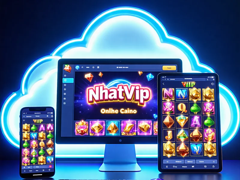 Hình ảnh đại diện cho Cloud Gaming, với các thiết bị khác nhau kết nối tới một đám mây trò chơi, có yếu tố NHATVIP