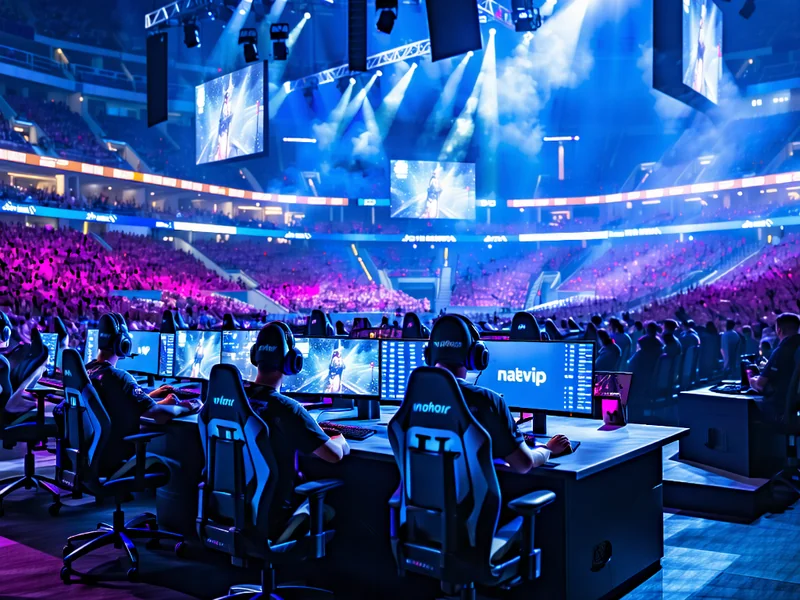 Hình ảnh một giải đấu Esports sôi động, với các game thủ chuyên nghiệp và khán giả cuồng nhiệt, có yếu tố NHATVIP