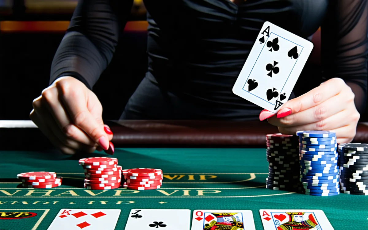 Người chia bài trực tuyến của NHATVIP đang chia bài Baccarat trên bàn chơi sang trọng