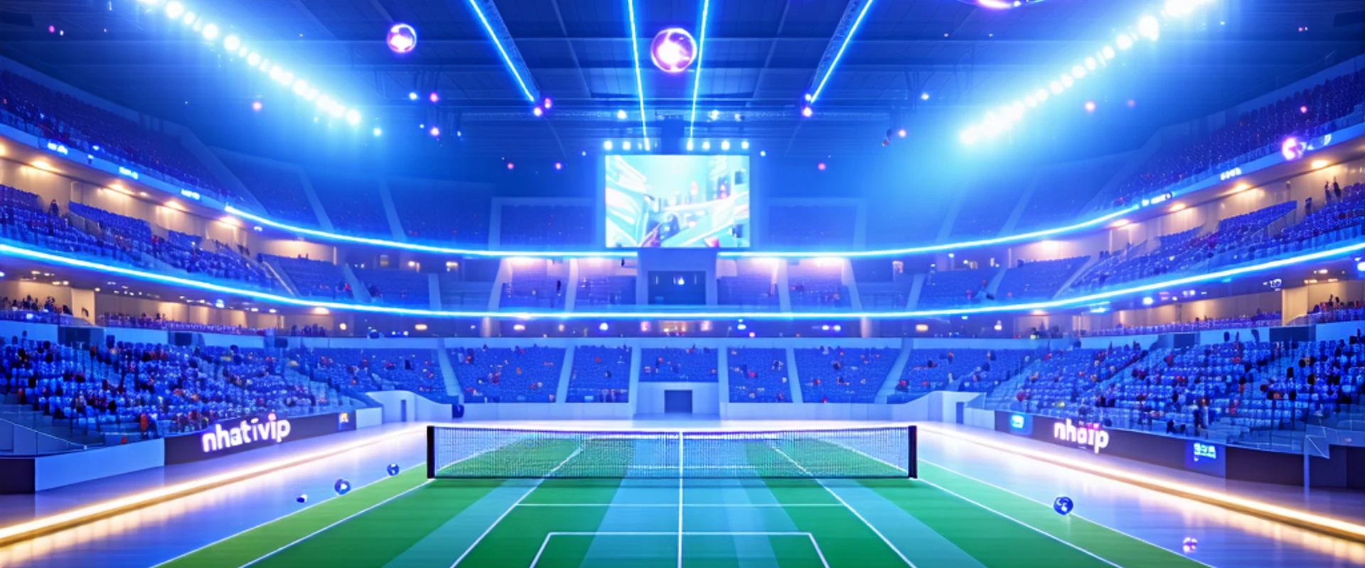 Hình ảnh sân vận động lớn với các biểu tượng thể thao và logo NHATVIP nổi bật