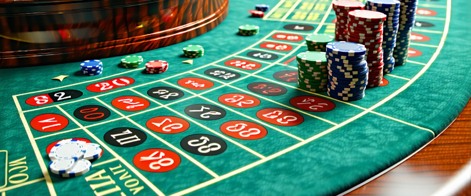 Bàn roulette sang trọng tại NHATVIP với chip cược và quả bóng đang quay, ánh sáng vàng từ đèn chiếu rọi, tạo không khí hồi hộp và đẳng cấp.