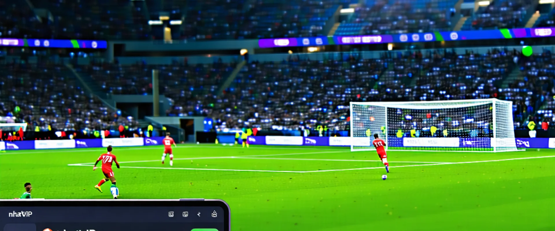 Banner cá cược thể thao NHATVIP, NhatVip với hình ảnh sân vận động và người hâm mộ