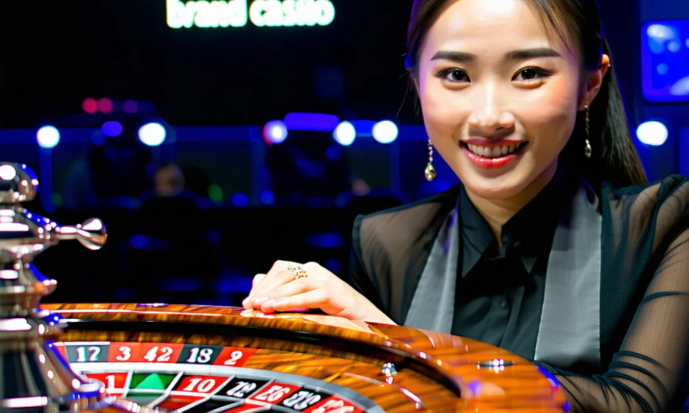 Một người chia bài trực tiếp chuyên nghiệp đang quay bánh xe roulette trong sòng bạc trực tuyến NHATVIP, với các chip cược và màn hình hiển thị trực tiếp.