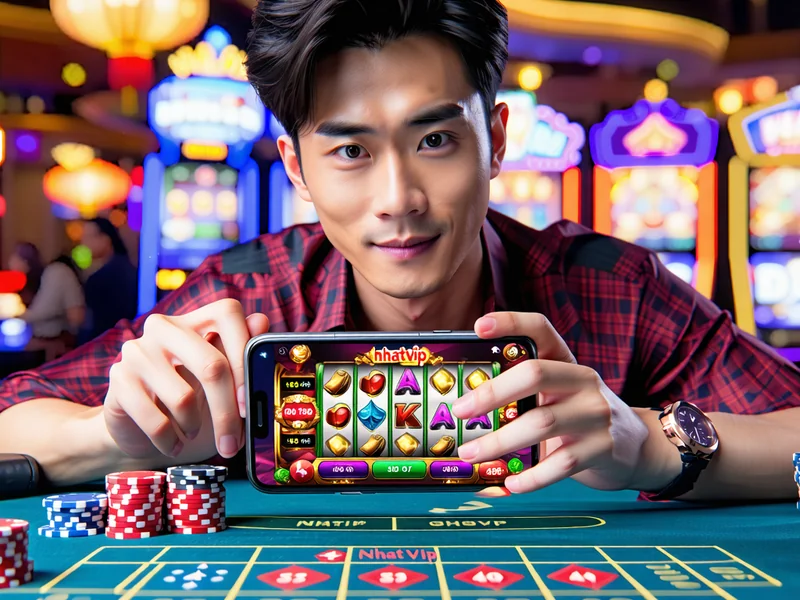 Hình ảnh người chơi đang trải nghiệm trò chơi trên điện thoại di động, với giao diện thân thiện và logo NHATVIP