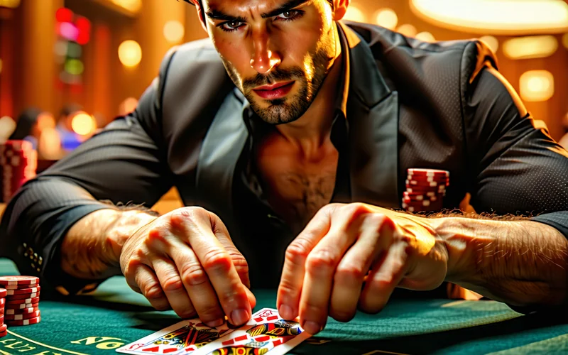 NHATVIP, NhatVip - Một người chơi tập trung vào các lá bài trên bàn Blackjack, thể hiện sự tính toán và kỹ năng