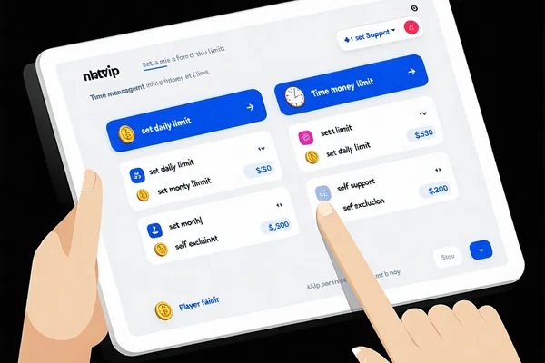 Hình ảnh minh họa các công cụ cờ bạc có trách nhiệm như đặt giới hạn, đồng hồ đếm thời gian, và biểu tượng hỗ trợ, thể hiện sự cam kết của NHATVIP đối với người chơi.
