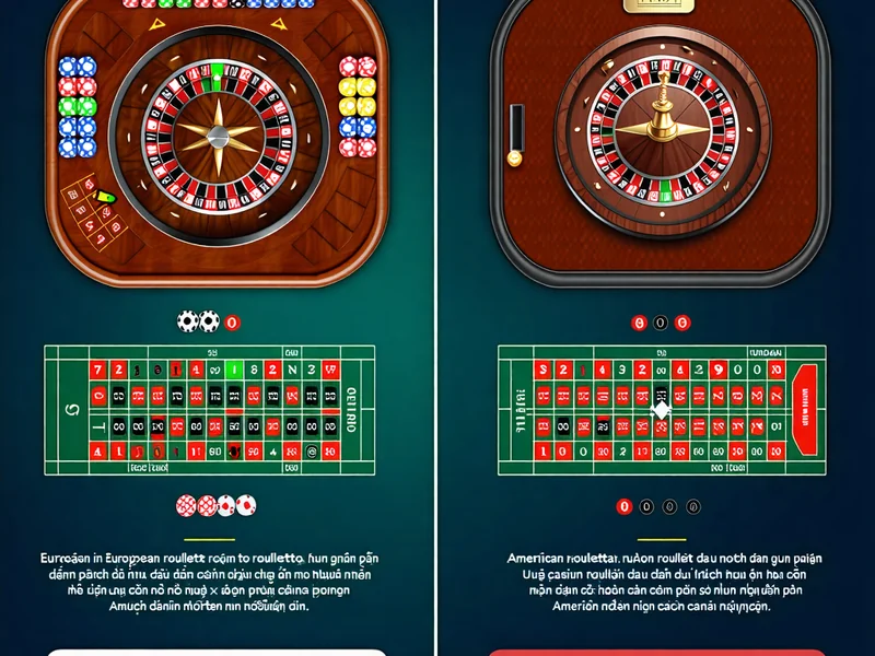 Hình ảnh so sánh bàn roulette Châu Âu với một ô số 0 và bàn roulette Mỹ với hai ô 0 và 00, làm nổi bật sự khác biệt về lợi thế nhà cái.
