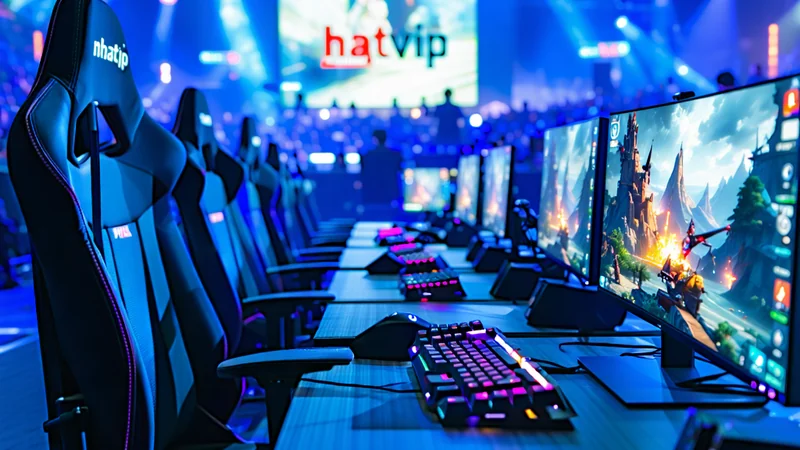 Các game thủ chuyên nghiệp đang thi đấu E-sports, biểu tượng cá cược NhatVip