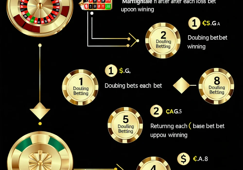 Biểu đồ minh họa chiến lược Martingale, cho thấy cách tăng gấp đôi số tiền cược sau mỗi lần thua và quay lại cược ban đầu khi thắng.