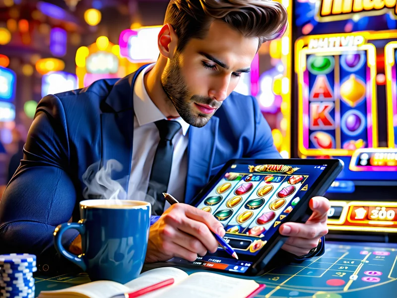 Người chơi đang phân tích chiến lược trên máy tính bảng với các biểu tượng trò chơi xèng NHATVIP